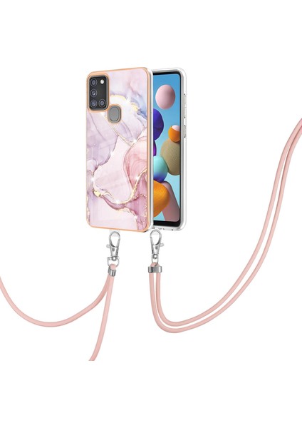 Samsung Galaxy A21S Için Crossbody Askı Ipi Telefon Kılıfı Silikon Mermer Desen Yumuşak Tpu Tampon Kapağı Rose Gold (Yurt Dışından)