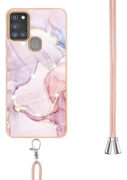 Samsung Galaxy A21S Için Crossbody Askı Ipi Telefon Kılıfı Silikon Mermer Desen Yumuşak Tpu Tampon Kapağı Rose Gold (Yurt Dışından)