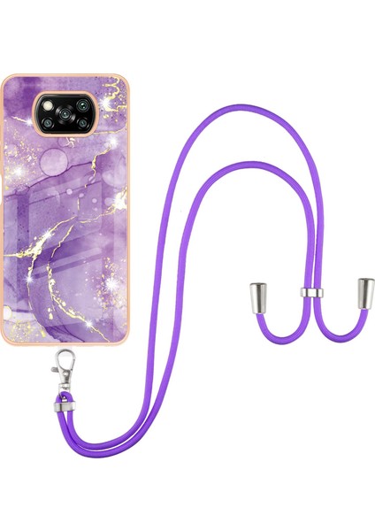 Xiaomi Poco X3 Için Crossbody Askı Ipi Telefon Kılıfı Silikon Mermer Desen Yumuşak Tpu Tampon Kapağı Mor (Yurt Dışından)