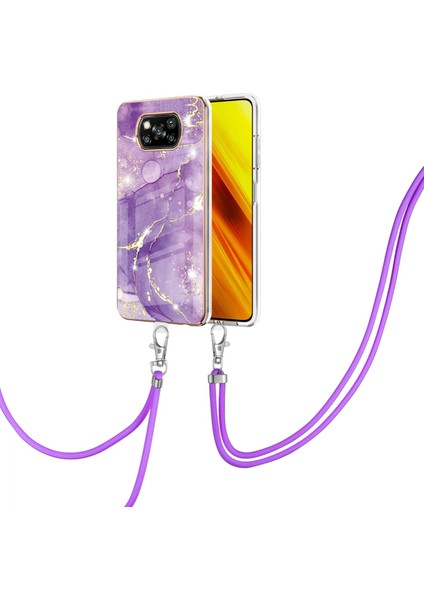 Xiaomi Poco X3 Için Crossbody Askı Ipi Telefon Kılıfı Silikon Mermer Desen Yumuşak Tpu Tampon Kapağı Mor (Yurt Dışından)