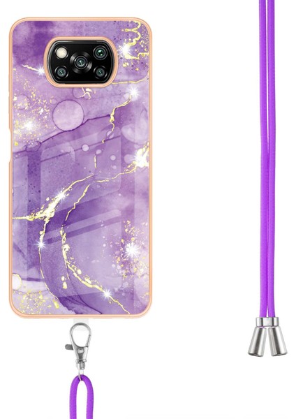 Xiaomi Poco X3 Için Crossbody Askı Ipi Telefon Kılıfı Silikon Mermer Desen Yumuşak Tpu Tampon Kapağı Mor (Yurt Dışından)
