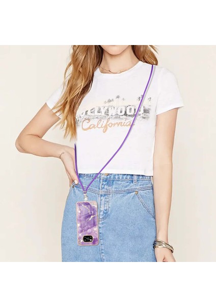 Xiaomi Poco X3 Için Crossbody Askı Ipi Telefon Kılıfı Silikon Mermer Desen Yumuşak Tpu Tampon Kapağı Mor (Yurt Dışından)