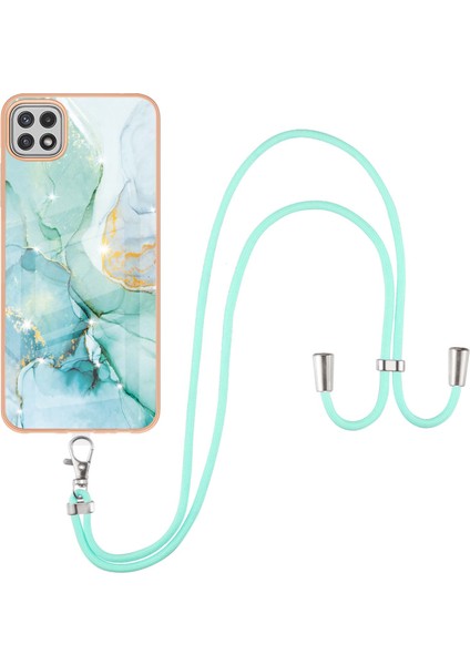 Samsung Galaxy A22 5g Için Crossbody Askı Ipi Telefon Kılıfı Silikon Mermer Desen Yumuşak Tpu Tampon Kapağı Turkuaz (Yurt Dışından)