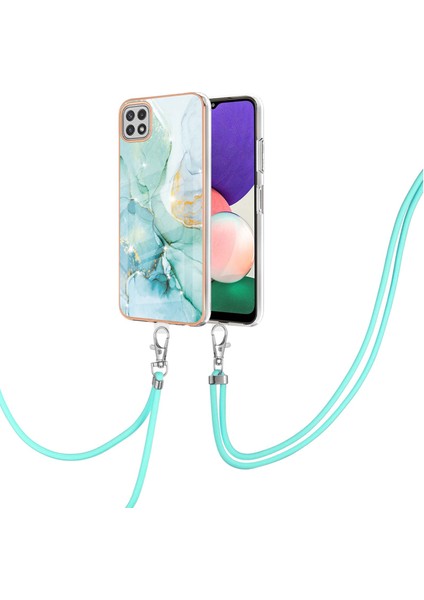 Samsung Galaxy A22 5g Için Crossbody Askı Ipi Telefon Kılıfı Silikon Mermer Desen Yumuşak Tpu Tampon Kapağı Turkuaz (Yurt Dışından)