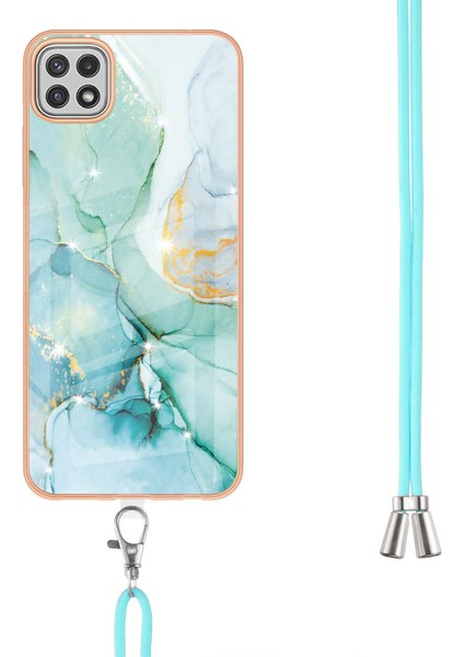 Samsung Galaxy A22 5g Için Crossbody Askı Ipi Telefon Kılıfı Silikon Mermer Desen Yumuşak Tpu Tampon Kapağı Turkuaz (Yurt Dışından)