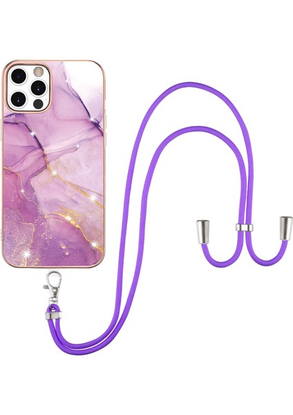 iPhone 12 Pro Max Için Crossbody Askı Ipi Telefon Kılıfı Silikon Mermer Desen Yumuşak Tpu Tampon Kapağı Pembe (Yurt Dışından)