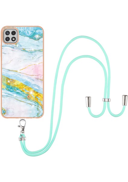 Samsung Galaxy A22 5g Için Crossbody Askı Ipi Telefon Kılıfı Silikon Mermer Desen Yumuşak Tpu Tampon Kapağı Turkuaz - Beyaz (Yurt Dışından)