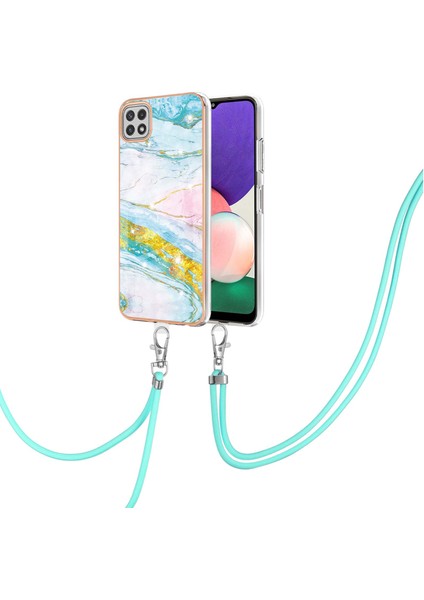 Samsung Galaxy A22 5g Için Crossbody Askı Ipi Telefon Kılıfı Silikon Mermer Desen Yumuşak Tpu Tampon Kapağı Turkuaz - Beyaz (Yurt Dışından)