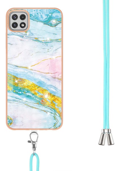 Samsung Galaxy A22 5g Için Crossbody Askı Ipi Telefon Kılıfı Silikon Mermer Desen Yumuşak Tpu Tampon Kapağı Turkuaz - Beyaz (Yurt Dışından)