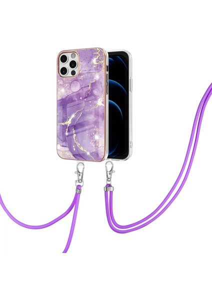 iPhone 12 Pro Max Için Crossbody Askı Ipi Telefon Kılıfı Silikon Mermer Desen Yumuşak Tpu Tampon Kapağı Mor (Yurt Dışından)