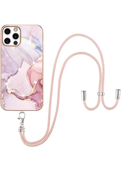 iPhone 12 Pro Max Için Crossbody Askı Ipi Telefon Kılıfı Silikon Mermer Desen Yumuşak Tpu Tampon Kapağı Rose Gold (Yurt Dışından)