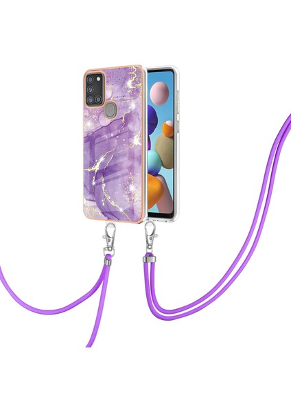 Samsung Galaxy A21S Için Crossbody Askı Ipi Telefon Kılıfı Silikon Mermer Desen Yumuşak Tpu Tampon Kapağı Mor (Yurt Dışından)