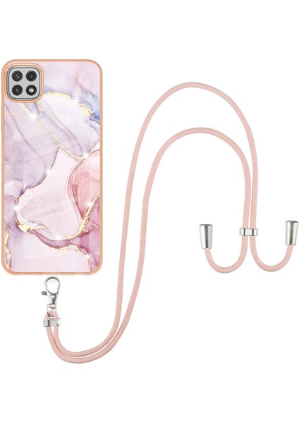 Samsung Galaxy A22 5g Için Crossbody Askı Ipi Telefon Kılıfı Silikon Mermer Desen Yumuşak Tpu Tampon Kapağı Rose Gold (Yurt Dışından)