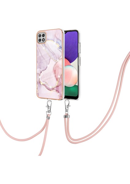 Samsung Galaxy A22 5g Için Crossbody Askı Ipi Telefon Kılıfı Silikon Mermer Desen Yumuşak Tpu Tampon Kapağı Rose Gold (Yurt Dışından)