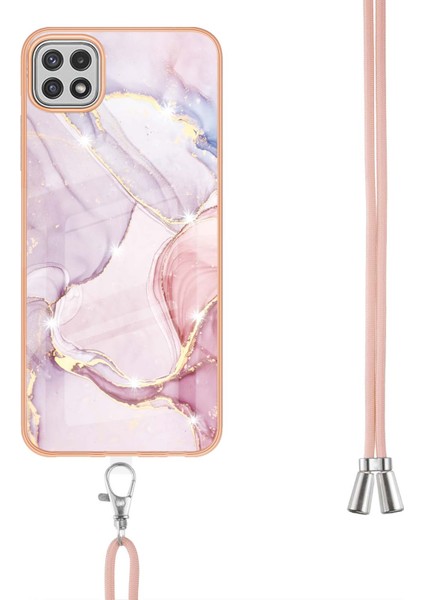 Samsung Galaxy A22 5g Için Crossbody Askı Ipi Telefon Kılıfı Silikon Mermer Desen Yumuşak Tpu Tampon Kapağı Rose Gold (Yurt Dışından)