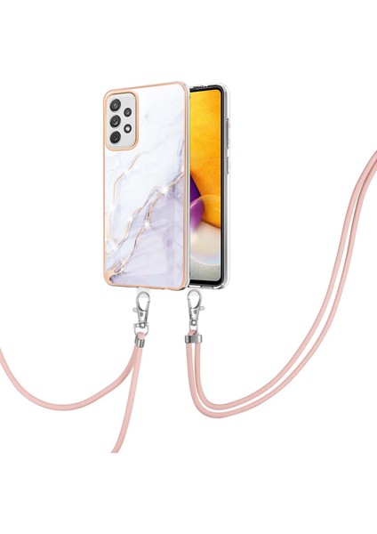 Samsung Galaxy A72 Için Crossbody Askı Ipi Telefon Kılıfı Silikon Mermer Desen Yumuşak Tpu Tampon Kapağı Beyaz (Yurt Dışından)