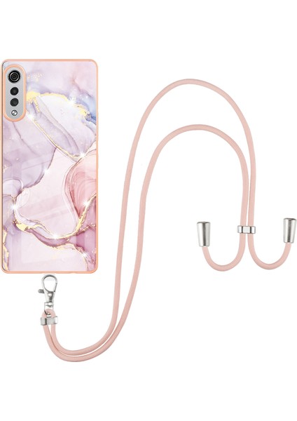 Lg Velvet 5g Için Crossbody Askı Ipi Telefon Kılıfı Silikon Mermer Desen Yumuşak Tpu Tampon Kapağı Rose Gold (Yurt Dışından)