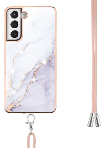 Samsung Galaxy S21 Fe 5g Için Crossbody Askı Ipi Telefon Kılıfı Silikon Mermer Desen Yumuşak Tpu Tampon Kapağı Beyaz (Yurt Dışından)