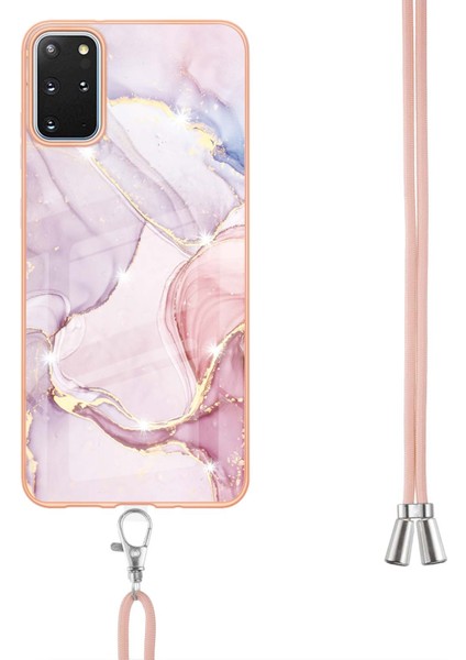 Samsung Galaxy S20+ Plus Için Crossbody Askı Ipi Telefon Kılıfı Silikon Mermer Desen Yumuşak Tpu Tampon Kapağı Rose Gold (Yurt Dışından)