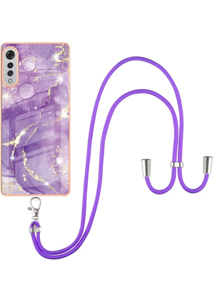Lg Velvet 5g Için Crossbody Askı Ipi Telefon Kılıfı Silikon Mermer Desen Yumuşak Tpu Tampon Kapağı Mor (Yurt Dışından)
