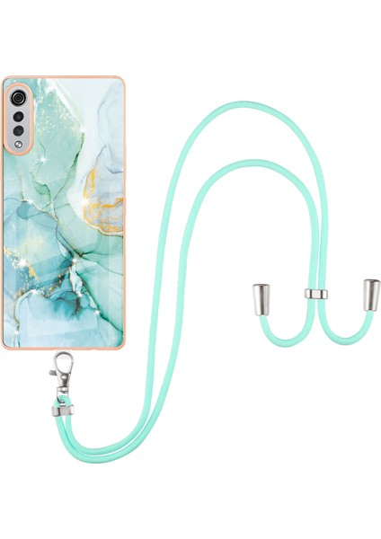 Lg Velvet 5g Için Crossbody Askı Ipi Telefon Kılıfı Silikon Mermer Desen Yumuşak Tpu Tampon Kapağı Turkuaz (Yurt Dışından)