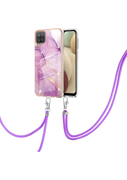 Samsung Galaxy A12 Için Crossbody Askı Ipi Telefon Kılıfı Silikon Mermer Desen Yumuşak Tpu Tampon Kapağı Pembe (Yurt Dışından)