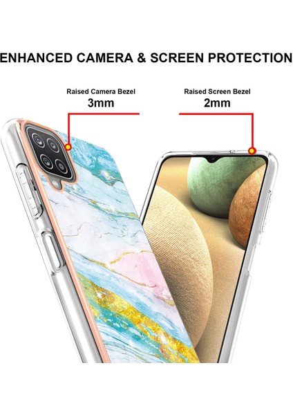 Samsung Galaxy A12 Için Crossbody Askı Ipi Telefon Kılıfı Silikon Mermer Desen Yumuşak Tpu Tampon Kapağı Turkuaz - Beyaz (Yurt Dışından)