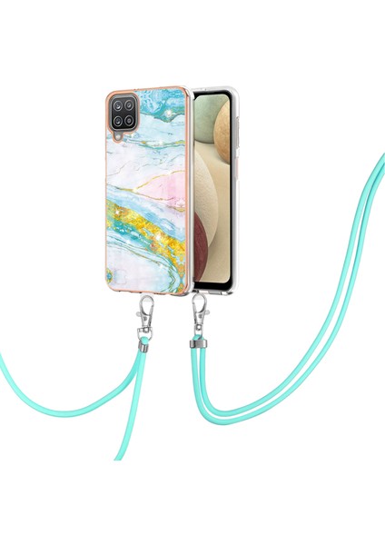 Samsung Galaxy A12 Için Crossbody Askı Ipi Telefon Kılıfı Silikon Mermer Desen Yumuşak Tpu Tampon Kapağı Turkuaz - Beyaz (Yurt Dışından)