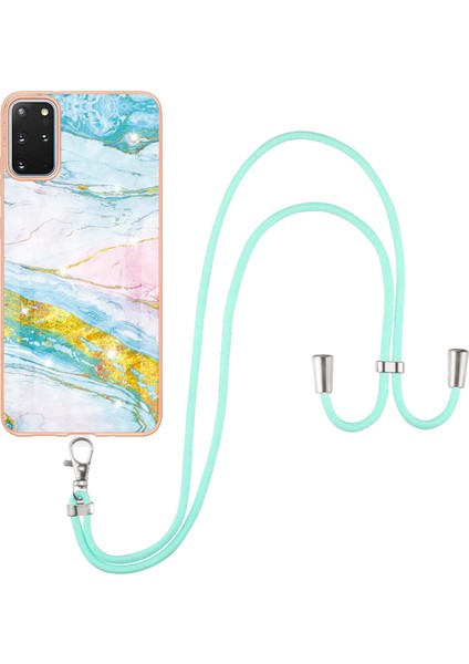 Samsung Galaxy S20+ Plus Için Crossbody Askı Ipi Telefon Kılıfı Silikon Mermer Desen Yumuşak Tpu Tampon Kapağı Turkuaz - Beyaz (Yurt Dışından)