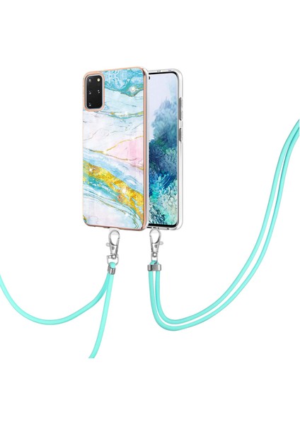 Samsung Galaxy S20+ Plus Için Crossbody Askı Ipi Telefon Kılıfı Silikon Mermer Desen Yumuşak Tpu Tampon Kapağı Turkuaz - Beyaz (Yurt Dışından)