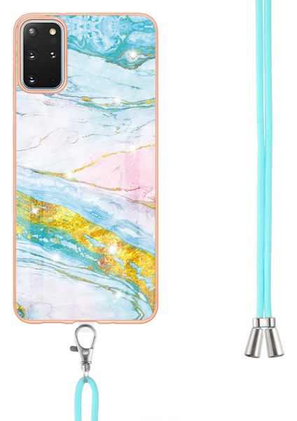 Samsung Galaxy S20+ Plus Için Crossbody Askı Ipi Telefon Kılıfı Silikon Mermer Desen Yumuşak Tpu Tampon Kapağı Turkuaz - Beyaz (Yurt Dışından)