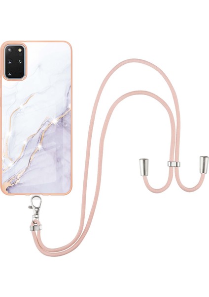 Samsung Galaxy S20+ Plus Için Crossbody Askı Ipi Telefon Kılıfı Silikon Mermer Desen Yumuşak Tpu Tampon Kapağı Beyaz (Yurt Dışından)