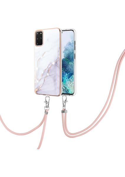 Samsung Galaxy S20+ Plus Için Crossbody Askı Ipi Telefon Kılıfı Silikon Mermer Desen Yumuşak Tpu Tampon Kapağı Beyaz (Yurt Dışından)