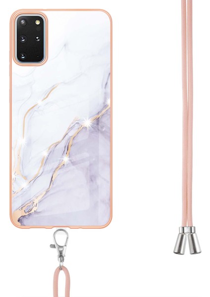 Samsung Galaxy S20+ Plus Için Crossbody Askı Ipi Telefon Kılıfı Silikon Mermer Desen Yumuşak Tpu Tampon Kapağı Beyaz (Yurt Dışından)