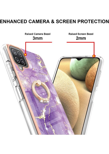 Samsung Galaxy A12 Için Mermer Desen Yumuşak Tpu Tampon Halka Tutucu Stand Kılıf Kapağı Mor (Yurt Dışından)