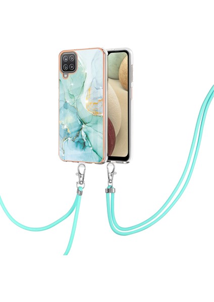 Samsung Galaxy A12 Için Crossbody Askı Ipi Telefon Kılıfı Silikon Mermer Desen Yumuşak Tpu Tampon Kapağı Turkuaz (Yurt Dışından)