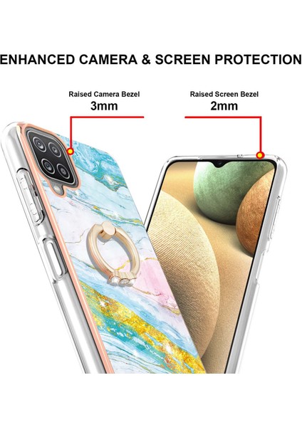 Samsung Galaxy A12 Için Mermer Desen Yumuşak Tpu Tampon Halka Tutucu Stand Kılıf Kapağı Turkuaz - Beyaz (Yurt Dışından)