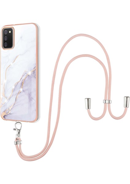 Samsung Galaxy A02S Için Crossbody Askı Ipi Telefon Kılıfı Silikon Mermer Desen Yumuşak Tpu Tampon Kapağı Beyaz (Yurt Dışından)