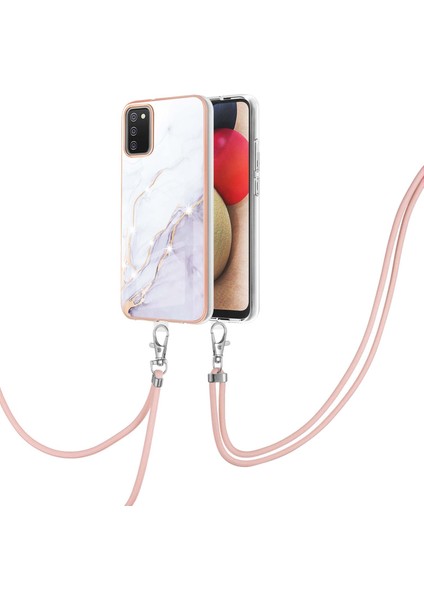 Samsung Galaxy A02S Için Crossbody Askı Ipi Telefon Kılıfı Silikon Mermer Desen Yumuşak Tpu Tampon Kapağı Beyaz (Yurt Dışından)