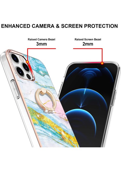 iPhone 12 Pro Max Için Mermer Desen Yumuşak Tpu Tampon Halka Tutucu Stand Kılıf Kapağı Turkuaz - Beyaz (Yurt Dışından)