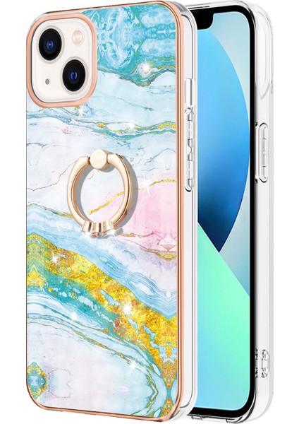 iPhone 13 Mini Için Mermer Desen Yumuşak Tpu Tampon Halka Tutucu Stand Kılıf Kapağı Turkuaz - Beyaz (Yurt Dışından)
