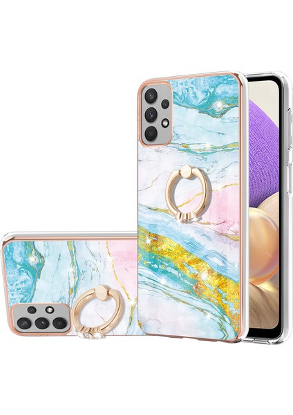 Samsung Galaxy A32 5g Için Mermer Desen Yumuşak Tpu Tampon Halka Tutucu Stand Kılıf Kapağı Turkuaz - Beyaz (Yurt Dışından)