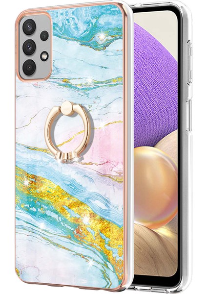 Samsung Galaxy A32 5g Için Mermer Desen Yumuşak Tpu Tampon Halka Tutucu Stand Kılıf Kapağı Turkuaz - Beyaz (Yurt Dışından)