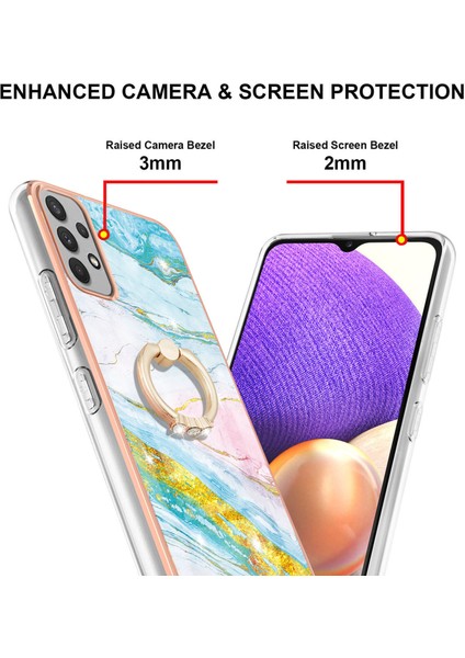 Samsung Galaxy A32 5g Için Mermer Desen Yumuşak Tpu Tampon Halka Tutucu Stand Kılıf Kapağı Turkuaz - Beyaz (Yurt Dışından)