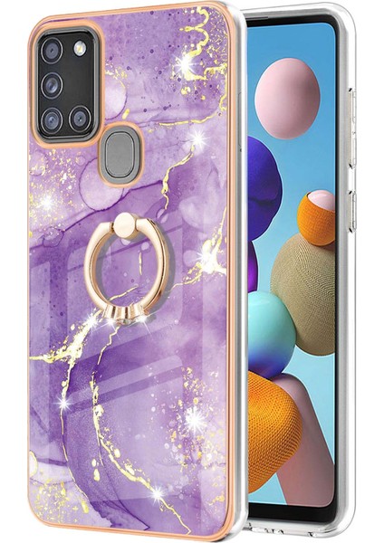 Samsung Galaxy A21S Için Mermer Desen Yumuşak Tpu Tampon Halka Tutucu Stand Kılıf Kapağı Mor (Yurt Dışından)