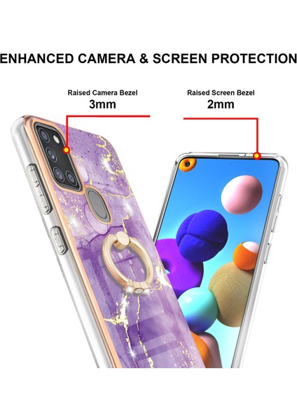 Samsung Galaxy A21S Için Mermer Desen Yumuşak Tpu Tampon Halka Tutucu Stand Kılıf Kapağı Mor (Yurt Dışından)