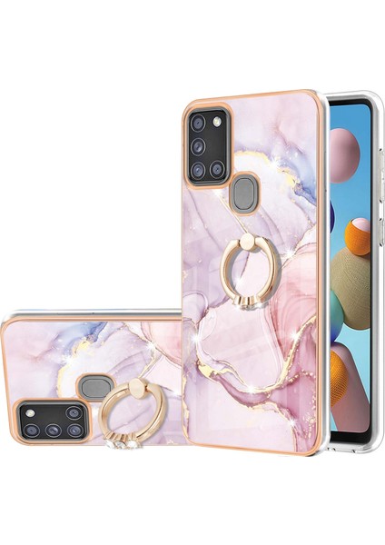 Samsung Galaxy A21S Için Mermer Desen Yumuşak Tpu Tampon Halka Tutucu Stand Kılıf Kapağı Rose Gold (Yurt Dışından)