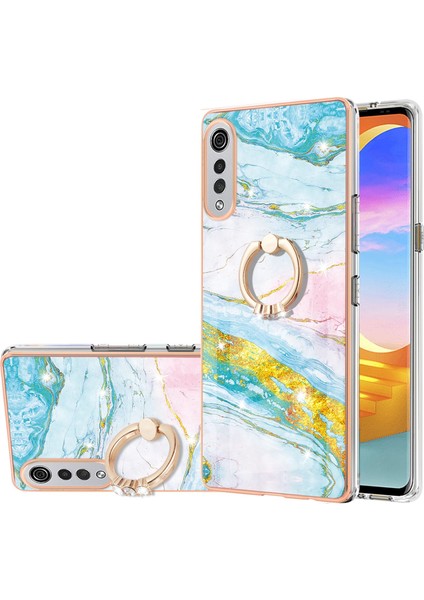 Lg Velvet 5g Için Mermer Desen Yumuşak Tpu Tampon Halka Tutucu Stand Kılıf Kapağı Turkuaz - Beyaz (Yurt Dışından)