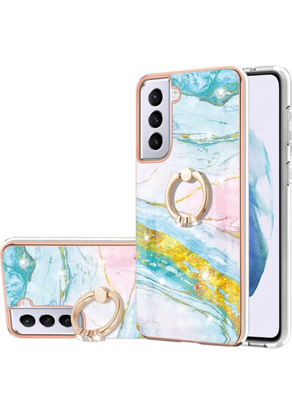 Samsung Galaxy S21+ 5g Için Mermer Desen Yumuşak Tpu Tampon Halka Tutucu Stand Kılıf Kapağı Turkuaz - Beyaz (Yurt Dışından)