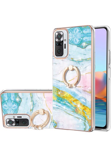 Xiaomi Redmi Note 10 Pro / 10 Pro Max Için Mermer Desen Yumuşak Tpu Tampon Halka Tutucu Stand Kılıf Kapağı Turkuaz - Beyaz (Yurt Dışından)
